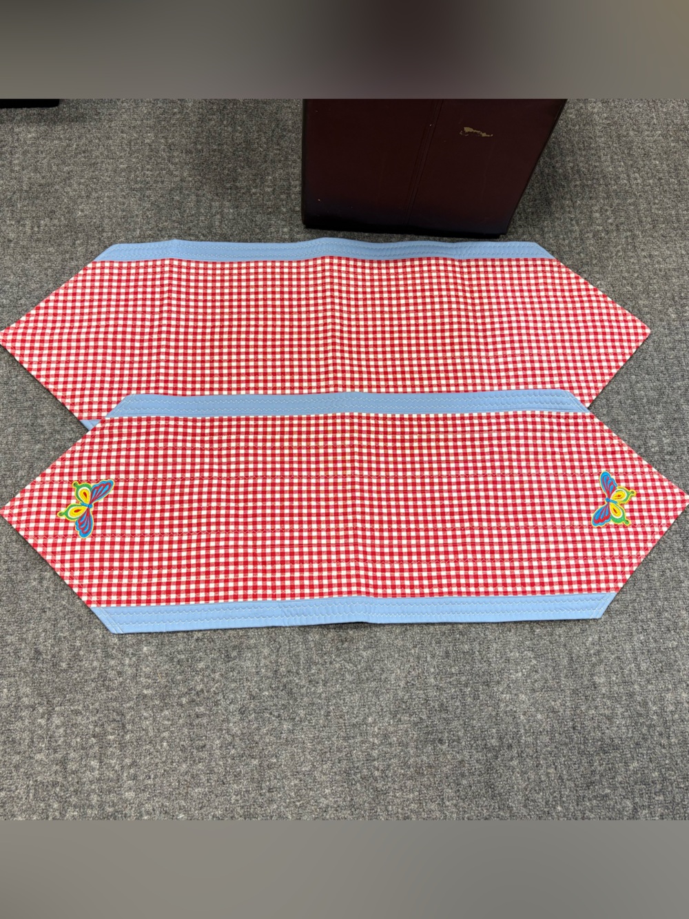 Red Gingham Table Runners with Light Blue Trim and Butterfly Embroidery